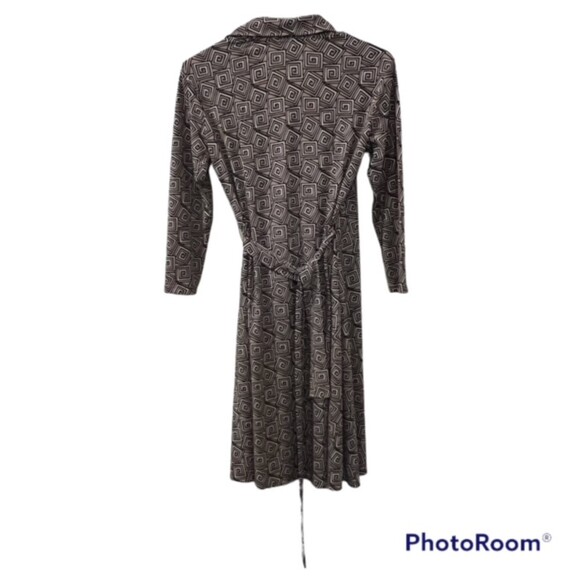 London Times Petites Brown Geometric Print 3/4 Sleeves Mock Wrap Dress Size 8P - Picture 2 of 11